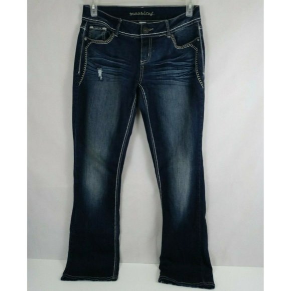 Maurices Women's Distressed Ripped Sequined Thick Stitched Bootcut Jeans Sz 7/8 - Picture 2 of 9